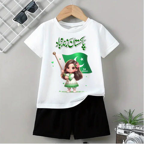 Pakistan Zindabad Kids Independence Day T-Shirt & Black Shorts Set | 14 August Pakistan Flag Outfit for Girls