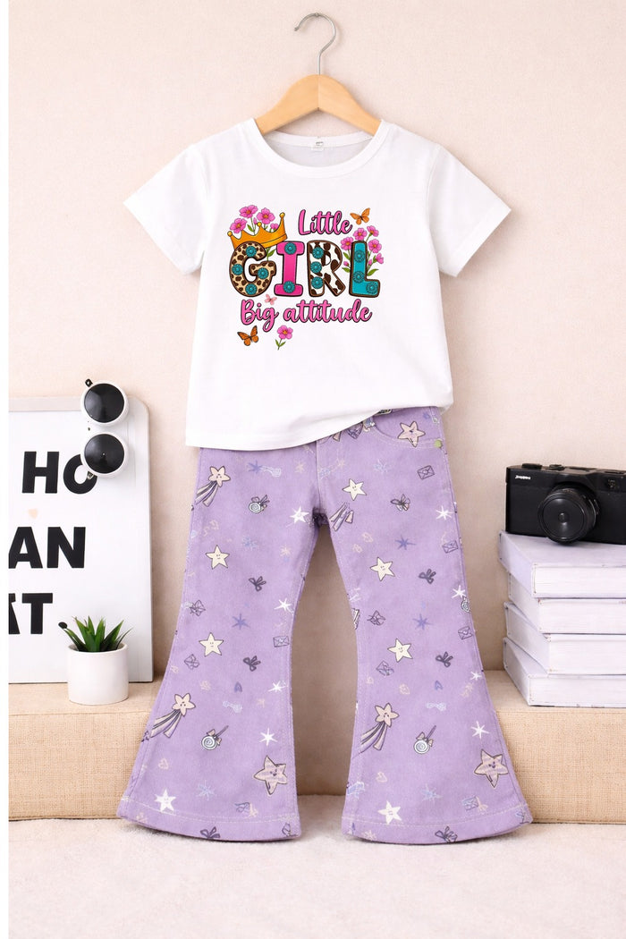 Little Girl Big Attitude Printed White T-Shirt with Lavender Star Print Flared Denim Jeans Pants Kids Outfit Mockup