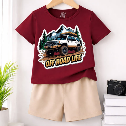 Off Road Life Kids Maroon T-Shirt & Skin Shorts Set – Adventure Car Graphic Summer Outfit for Boys
