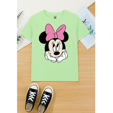 Cute Cartoon Character Print Light Green T-Shirt for Kids – Stylish Bow Graphic Tee