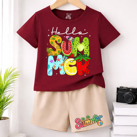 Kids Hello Summer Fruit Print Maroon T-Shirt and Beige Shorts Set