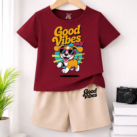 Good Vibes Only Kids Maroon T-Shirt & Skin Shorts Set – Cute Summer Outfit with Cartoon Dog Design
