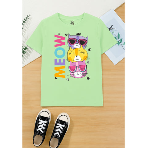 Cute Cat Print Light Green T-Shirt for Kids – Fun "Meow" Graphic Tee