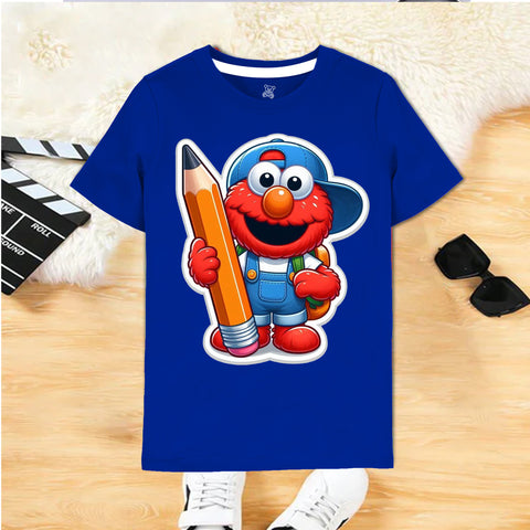 Kids Navy Blue Cartoon T-Shirt with Cute Character and Pencil Print – Summer Wear