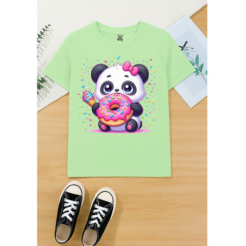 Adorable Panda Print Light Green T-Shirt for Kids – Cute Donut & Ice Cream Graphic Tee