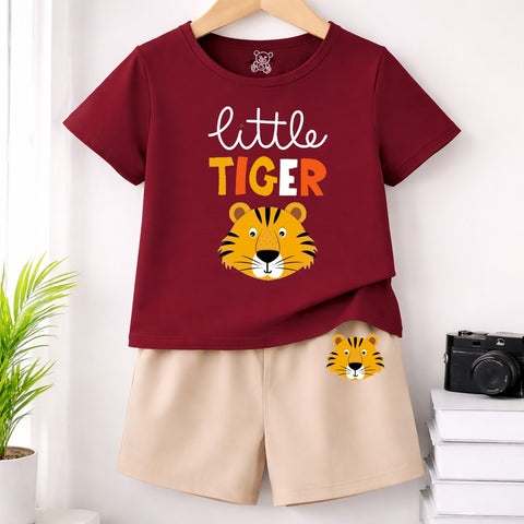 Little Tiger Kids Maroon T-Shirt & Skin Shorts Set – Cute Summer Outfit for Boys & Girls
