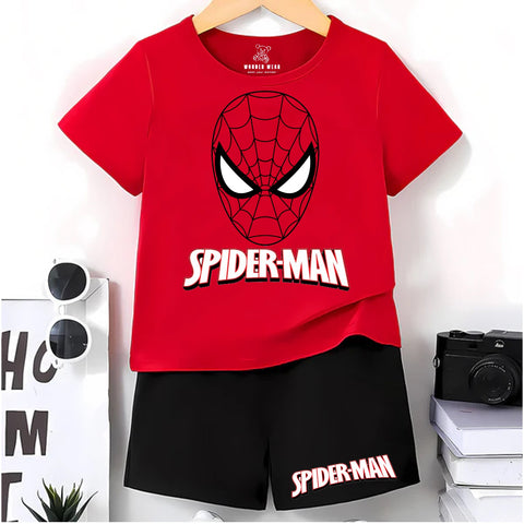 Kids Red Spider-Man T-Shirt with Black Shorts Set – Stylish Superhero Outfit for Boys Casual Wear