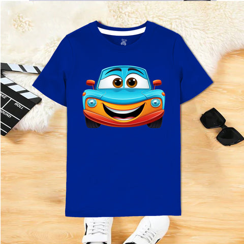 Kids Navy Blue Cartoon Car T-Shirt – Fun Summer Wear for Boys & Girls