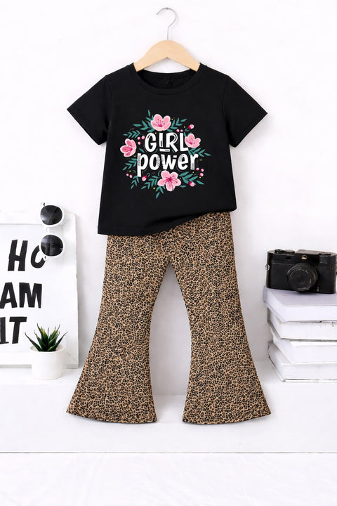 Girls “Girl Power” Black Printed T-Shirt with Leopard Print Flared Denim Jeans Pants Stylish Kids Outfit